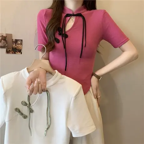 新中式镂空设计感短袖T恤女夏装2024新款小个子短款半袖修身上衣商品大图