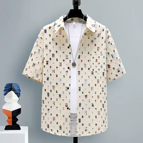 短袖衬衫男夏季外套潮牌痞帅破洞格子纯棉衬衣搭配五分裤套装商品大图