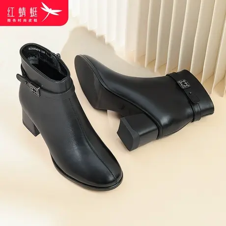 红蜻蜓女靴2023冬季真皮高跟时装靴加绒保暖女士粗跟百搭短筒靴子商品大图