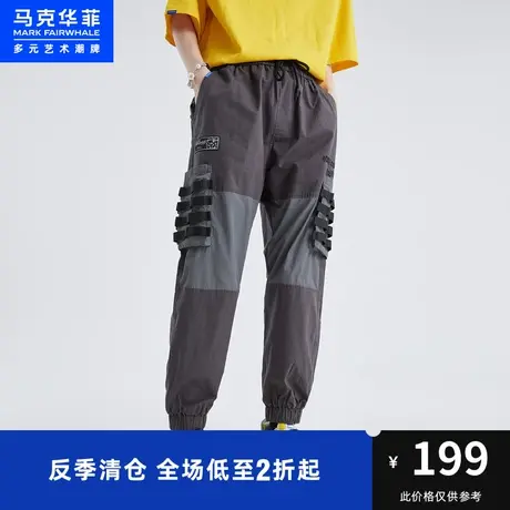 织带装饰惊悚字母印花夏季工装机能时尚潮流松紧脚口男束脚休闲裤图片
