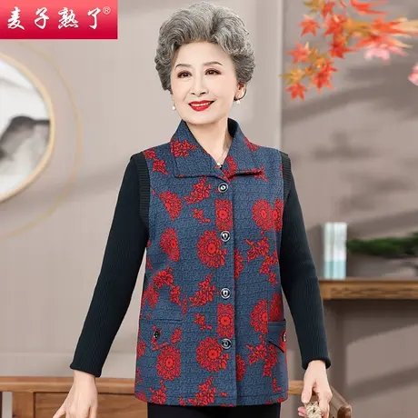 2023秋季新款奶奶装无袖翻领马夹上衣服中老年人女妈妈装开衫外套商品大图