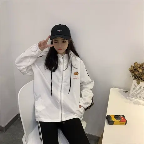 春秋慵懒风白色韩版宽松百搭连帽开衫女春装简约粉色长袖外套帽衫商品大图