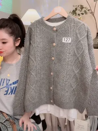 设计感复古麻花开衫毛衣女秋冬2023新款时尚百搭休闲宽松灰色外套商品大图