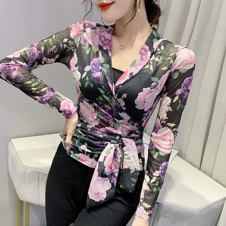 复古印花T恤性感V领交叉上衣冰丝开衫小披肩紧身打底衫女长袖春秋商品大图