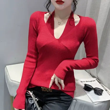 性感V领挂脖针织衫女2023春秋新款内搭气质毛衣紧身洋气打底上衣图片