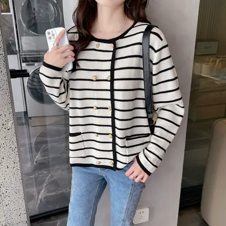 小香风双排扣条纹针织开衫外套女2023秋装洋气百搭款宽松软糯上衣商品大图