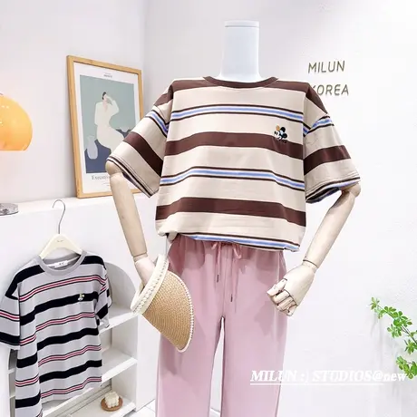 chic复古设计感条纹上衣2023春夏款韩系高级感咖色短袖t软糯宽松商品大图