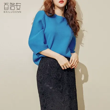 百洛安气质针织衫女秋季新款韩版七分袖套头上衣宽松百搭圆领T恤图片