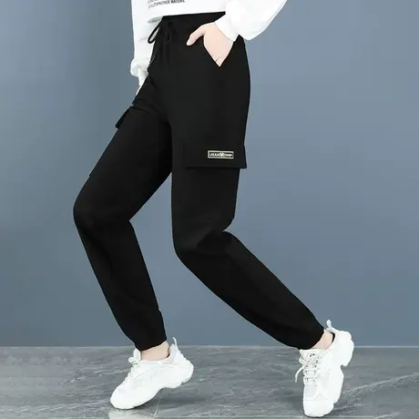 黑色工装裤子女春秋大码宽松运动休闲裤2023新款抽绳松紧腰束脚裤图片