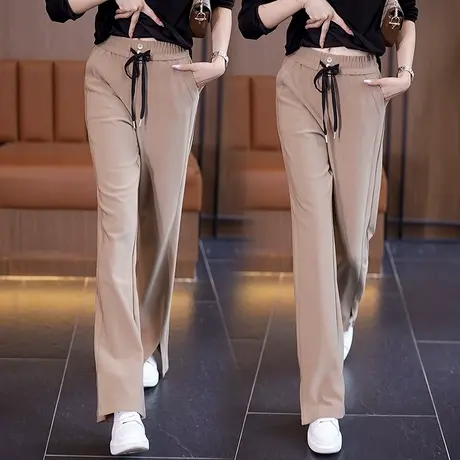 窄版阔腿裤女秋季2023新款松紧腰系带开叉休闲裤宽松垂感运动裤潮图片