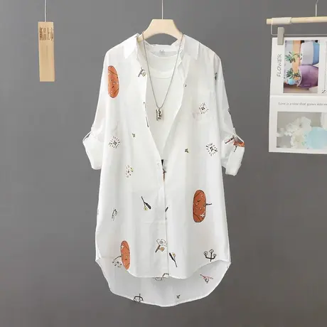 夏装新款中长款印花薄防晒衬衫女长袖宽松休闲沙滩服防晒开衫外套商品大图