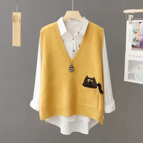2023年新款秋冬V领马甲背心针织衫宽松外穿无袖毛衣女坎肩上衣ins商品大图