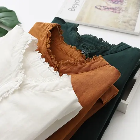 复古文艺双层棉纱蕾丝花边立领长袖白色衬衫女春秋季宽松打底上衣图片