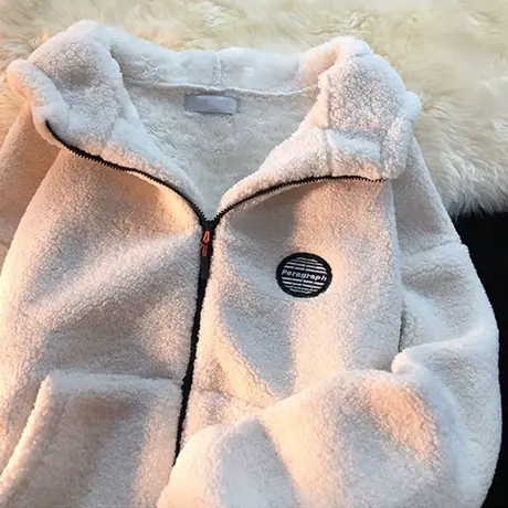 羊羔毛连帽外套女2022新款秋冬小个子宽松上衣加绒加厚开衫棒球服图片