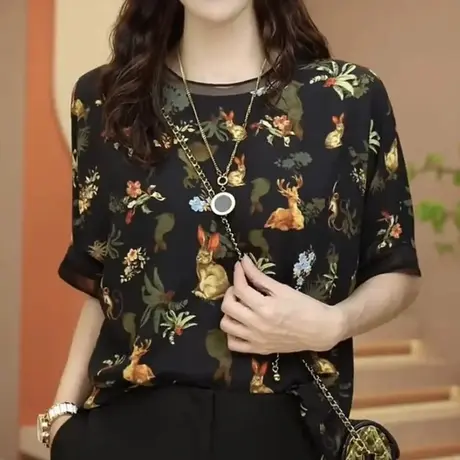 大码女装真丝短袖T恤夏季上档次宽松外穿时尚小衫桑蚕丝碎花上衣图片