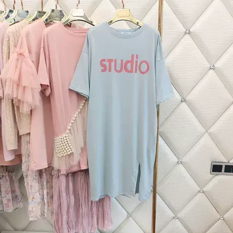 裙子短袖t恤女夏季2020新款韩版ins潮下摆开叉宽松休闲连衣裙上衣商品大图