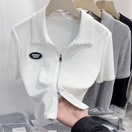 港味Polo衫短袖T恤女2022年夏季新款韩版百搭小众半袖开衫上衣潮商品大图