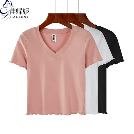 夏季新款韩版纯棉V领修身纯色短款荷叶边短袖体恤上衣内搭打底女商品大图