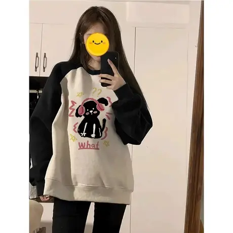 插肩袖圆领卫衣女春秋薄款美式复古宽松小众设计感套头长袖上衣潮商品大图