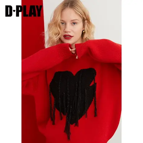 DPLAY秋装新INS风时尚落肩红色撞色爱心提花宽松短款毛衣女图片