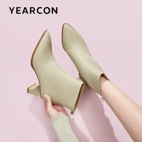 意尔康时装靴女2023冬款高跟后拉链牛皮瘦瘦靴粗跟尖头短靴真皮商品大图