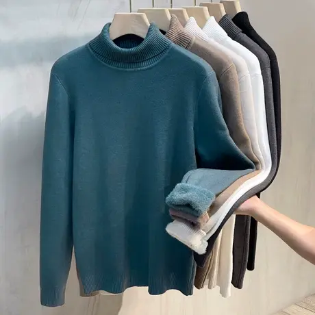一体绒高领毛衣男秋冬加厚加绒打底衫翻领针织衫2023爆款保暖上衣商品大图