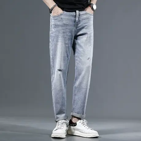 高端破洞牛仔裤男2023夏季新款宽松直筒男士休闲潮流时尚薄款长裤商品大图