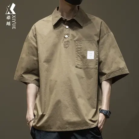 希越夏季户外Polo衫短袖男咖啡色工装衬衫宽松大码五分袖衬衣t恤商品大图