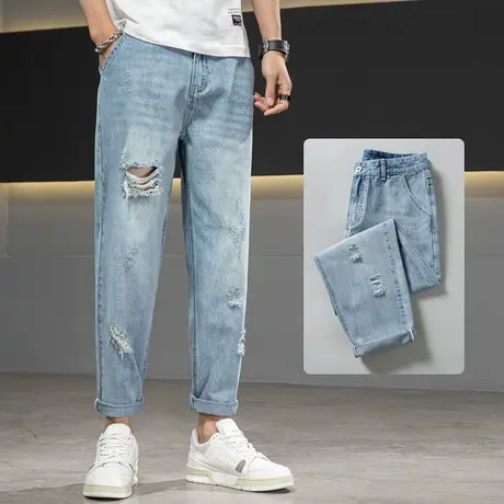 秋季春秋款蓝色水洗破洞乞丐牛仔裤男士直筒宽松休闲男裤子青少年商品大图