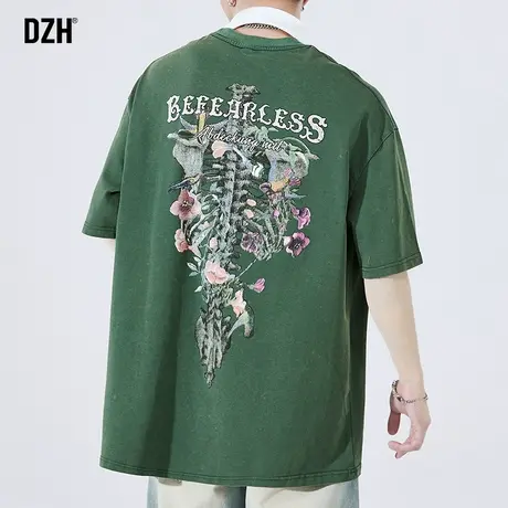 男士绿色印花t恤男设计感小众纯棉重磅短袖2023新款夏季上衣潮牌商品大图