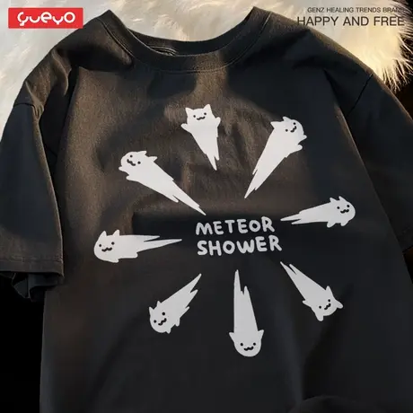 悦游 流星雨黑猫 猫咪夏季t恤男原创小众上衣短袖宽松纯棉潮牌商品大图