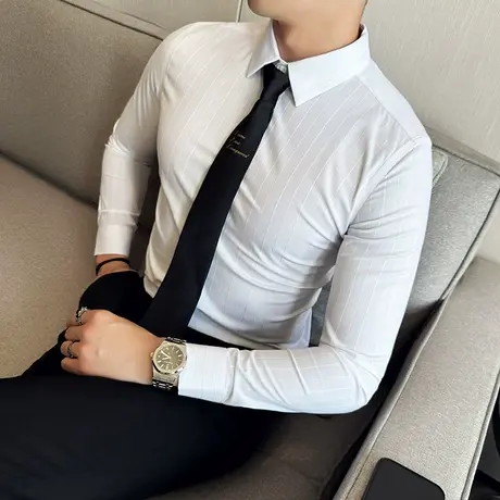 竖条纹修身显瘦衬衫男长袖秋季新款商务痞帅质感寸衣英伦风打底衫商品大图