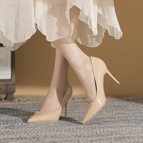 不累脚漆皮高跟鞋女细跟2023年新款法式性感气质尖头浅口职业单鞋图片