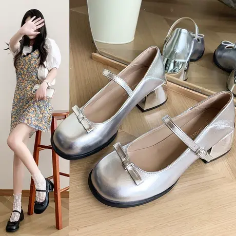 玛丽珍小皮鞋女2023秋季法式圆头浅口一字扣带粗跟小香风气质单鞋图片