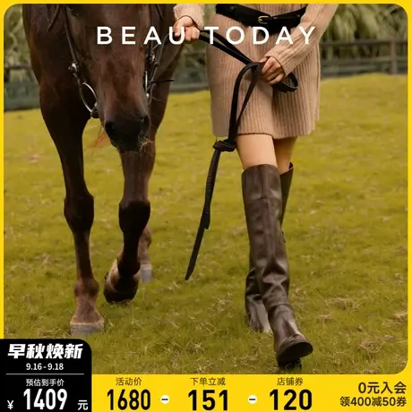 BeauToday靴子女长筒靴高筒过膝靴高跟真皮骑士靴女黑色单靴长靴图片