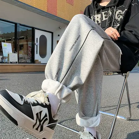 加厚加绒卫裤男春秋款国潮条纹休闲长裤宽松美式高街束脚运动裤子商品大图
