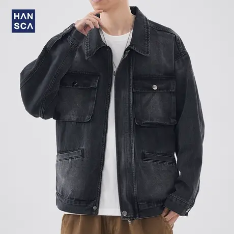hansca黑色工装牛仔外套男春季新款宽松潮牌做旧复古痞帅休闲夹克图片