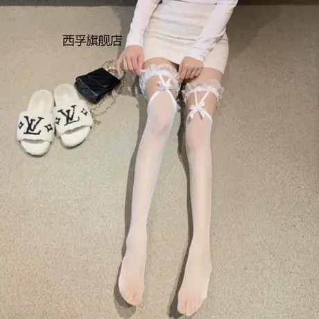 黑色腿环长筒丝袜高筒过膝丝袜jk渔网袜吊带蕾丝花边蝴蝶结袜子女图片