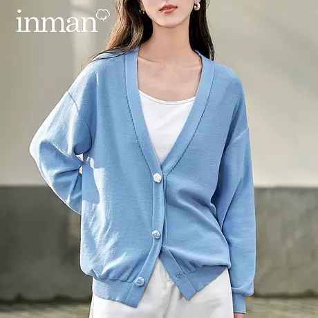 茵曼旗舰店v领针织开衫外套女2023秋装新款薄款长袖外搭毛衣上衣图片