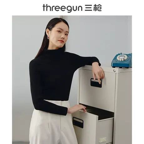 三枪打底衫女t恤两翻领保暖内衣密棉修身内搭洋气长袖可外穿上衣商品大图