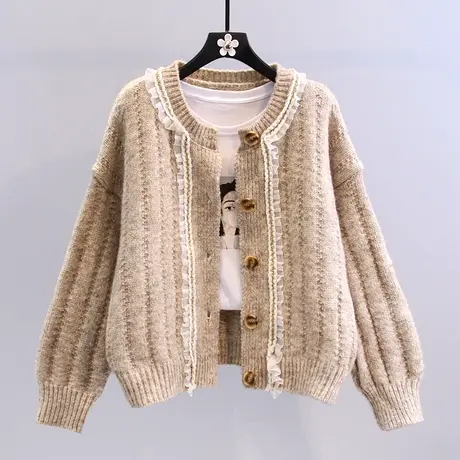 小香风蕾丝拼接毛衣外套女秋冬2023年新款宽松外穿慵懒风针织开衫图片