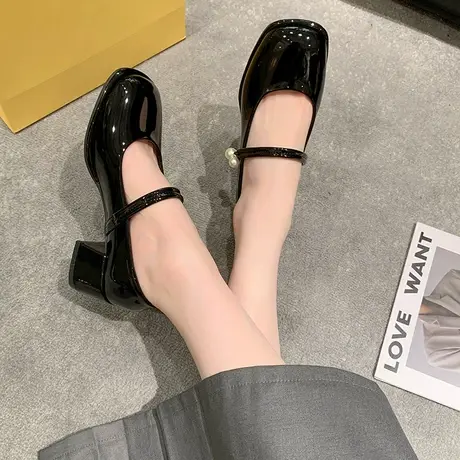 玛丽珍高跟鞋女2024年春季新款浅口单鞋气质配裙子法式粗跟小皮鞋图片