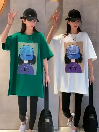 中长款开叉印花戴帽女孩T恤女2023年夏新款网红大版慵懒风短袖潮图片