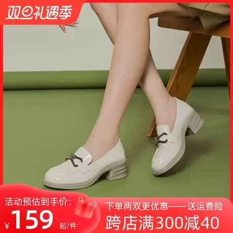 戈美其漆皮小皮鞋女2023秋季新款时尚粗跟中跟圆头中口英伦乐福鞋图片