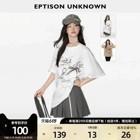 EPTISON短袖T恤女2025夏季新款少女蝴蝶结独特印花纯棉宽松上衣商品大图