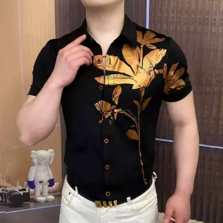 欧货印花冰丝短袖衬衫男士夏季商务休闲青年痞帅百搭POLO夏装上衣图片