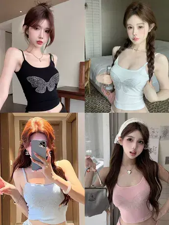 蝴蝶烫钻小吊带女夏季黑色无袖背心美式辣妹紧身短款露脐上衣外穿图片