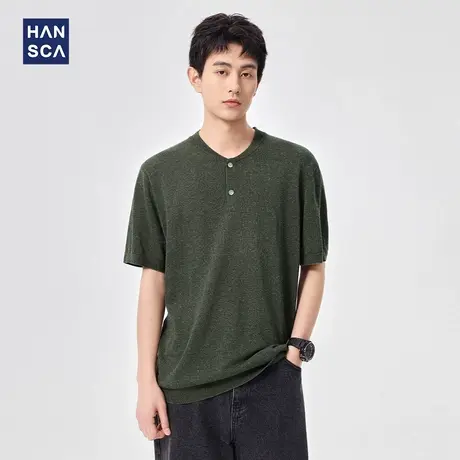 hansca 美式亨利领纯色凉感短袖t恤男士2025夏季复古针织透气上衣商品大图