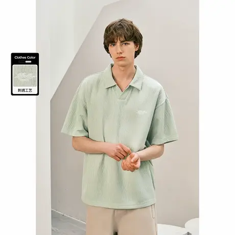 Lilbetter针织肌理褶皱polo衫男2025海鸥领宽松五分袖时尚翻领T恤图片