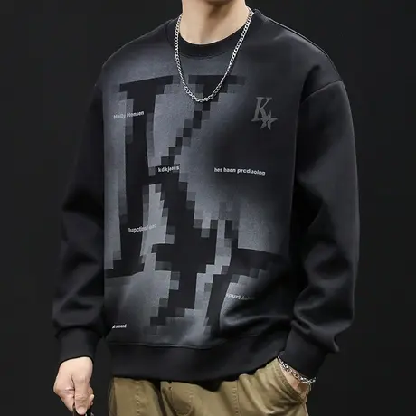 潮牌重磅卫衣男春秋款圆领男款黑色衣服秋季2023新款长袖大码印花商品大图